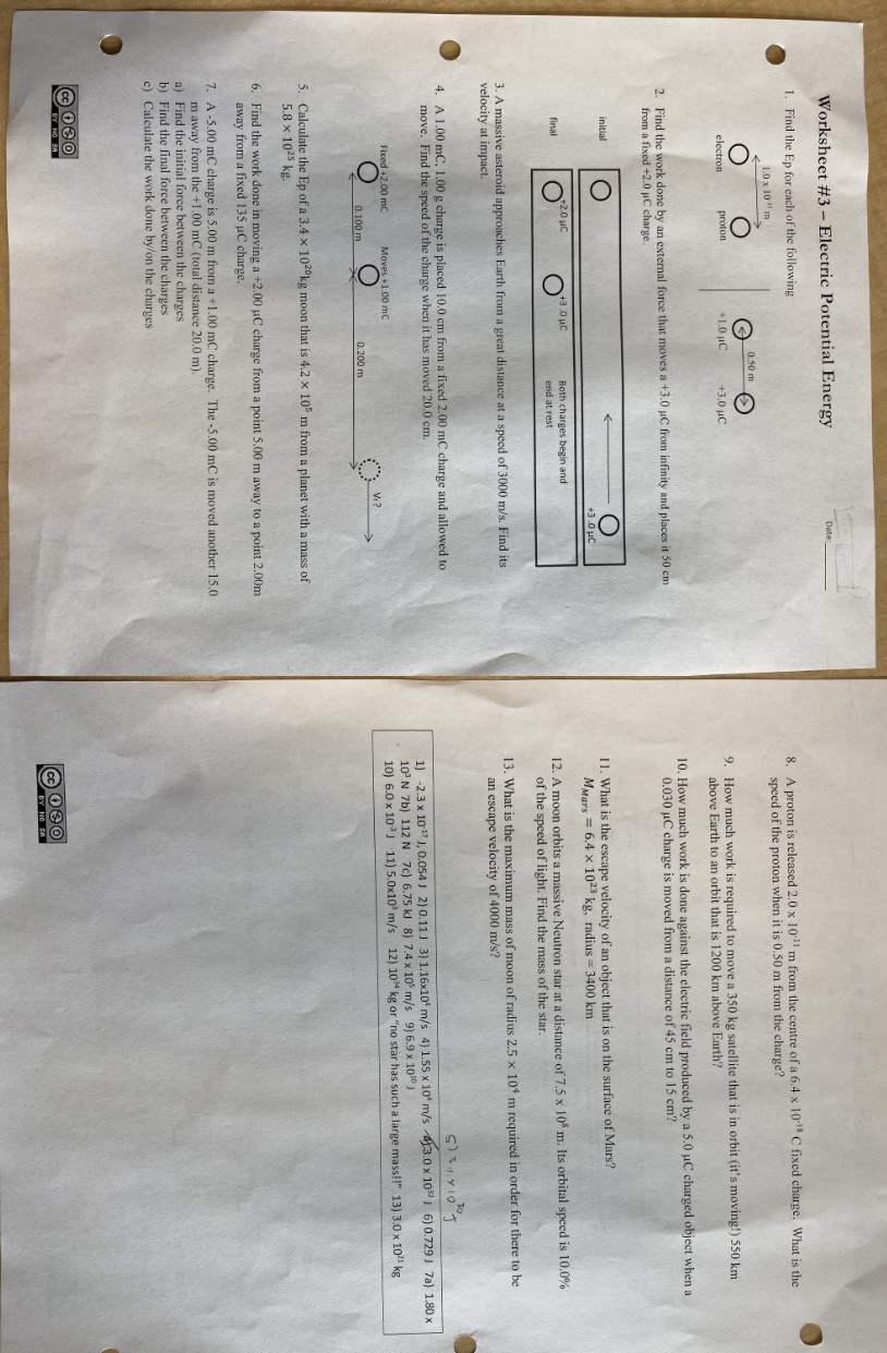 Worksheet #3 - Electric Potential Energy Date: 1. Find the Ep