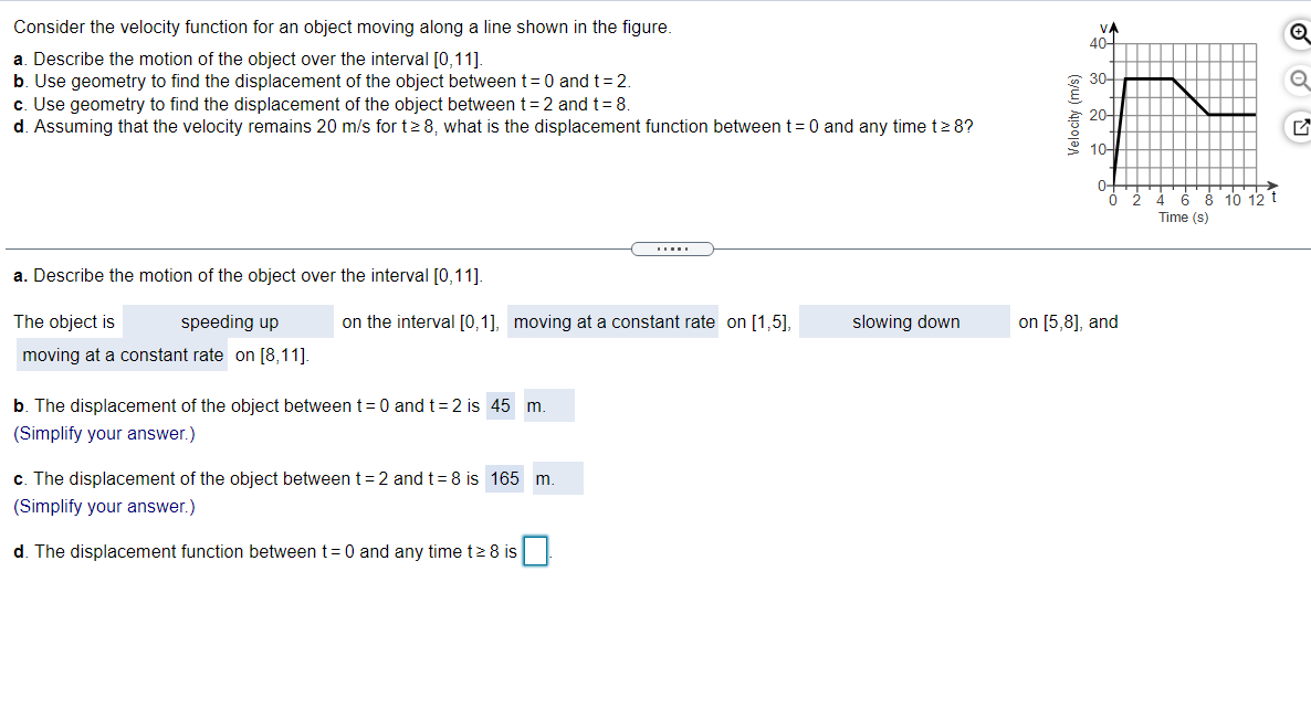  Consider the velocity function for an object moving along a line