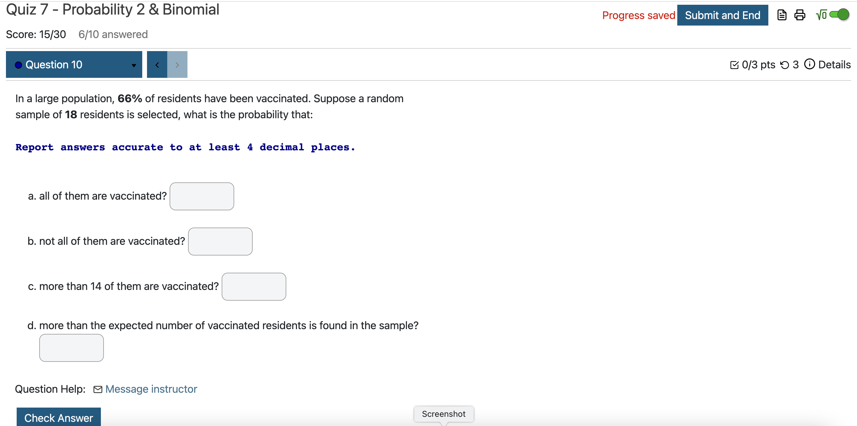  Quiz 7 - Probability 2 & Binomial Progress save(_ E1 6: