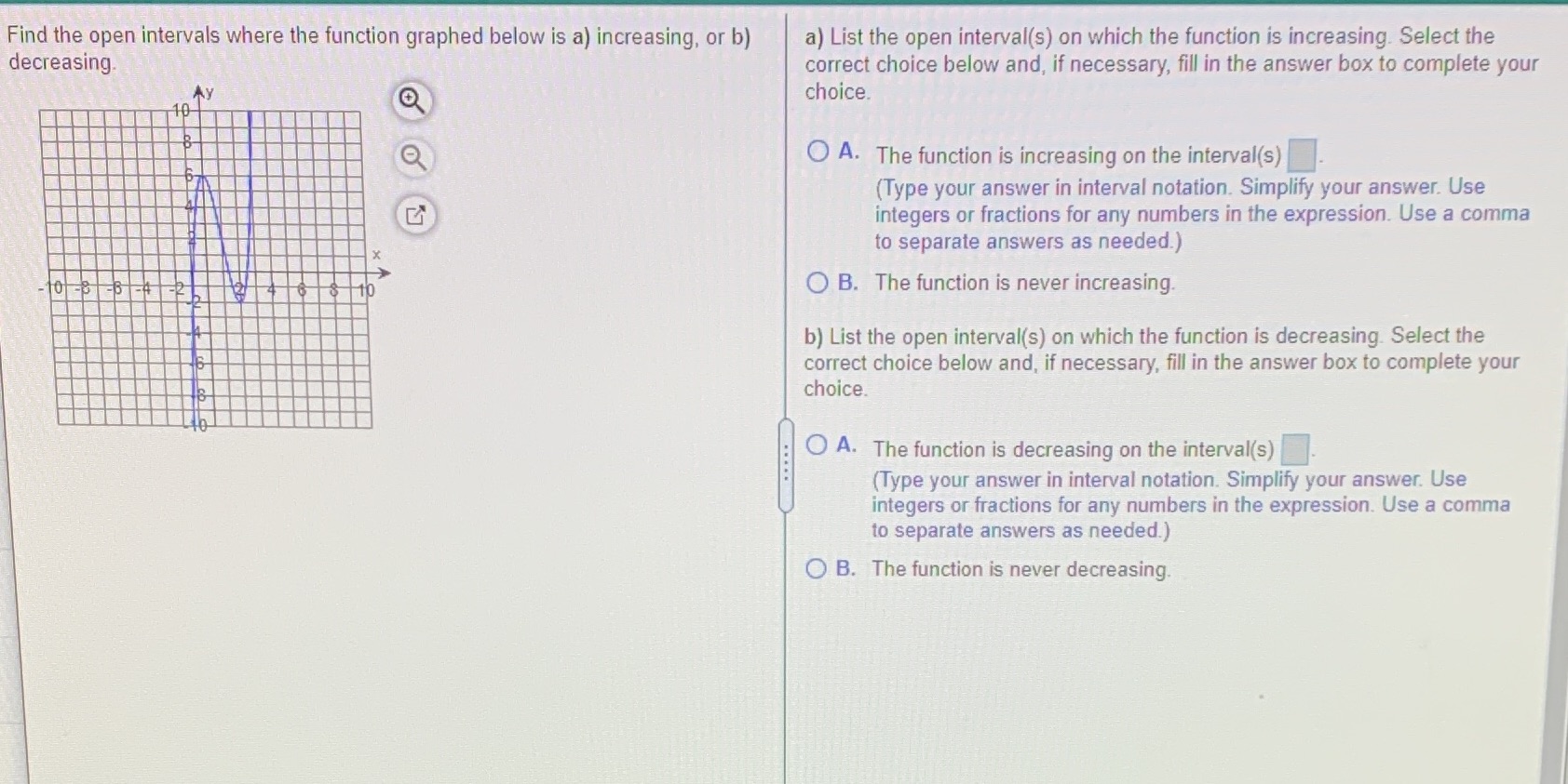  Find the open intervals where the function graphed below is a)