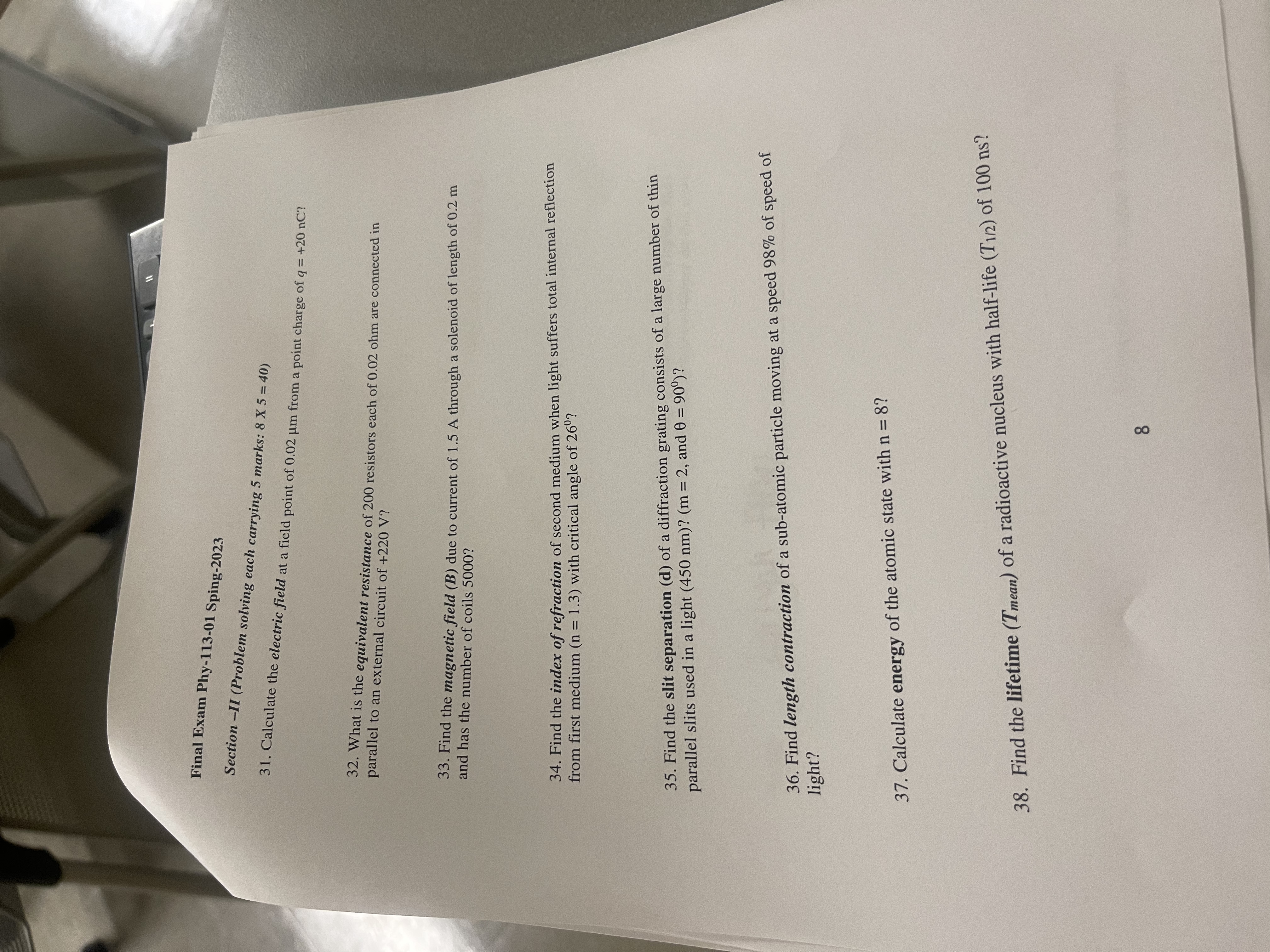 Final Exam Phy-113-01 Sping-2023 Section -II (Problem solving each carrying 5