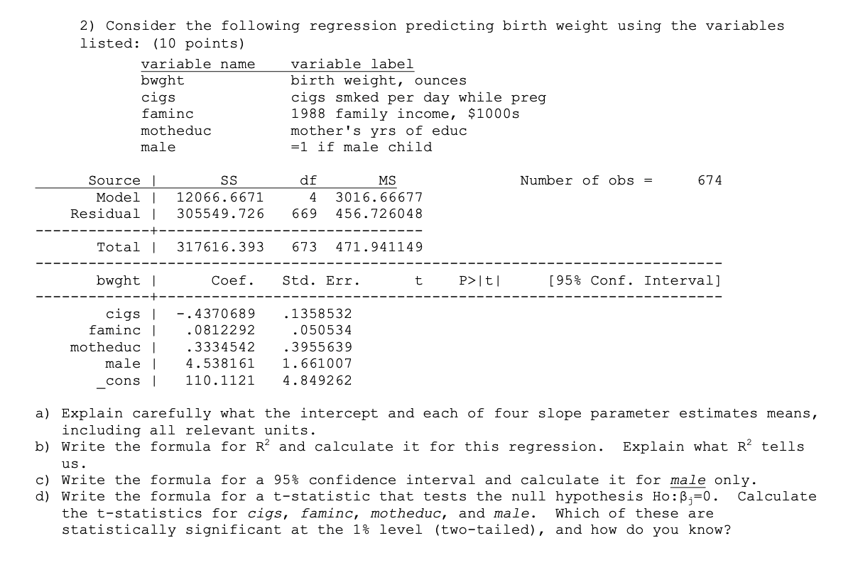 2) Consider the following regression predicting birth weight using the variables