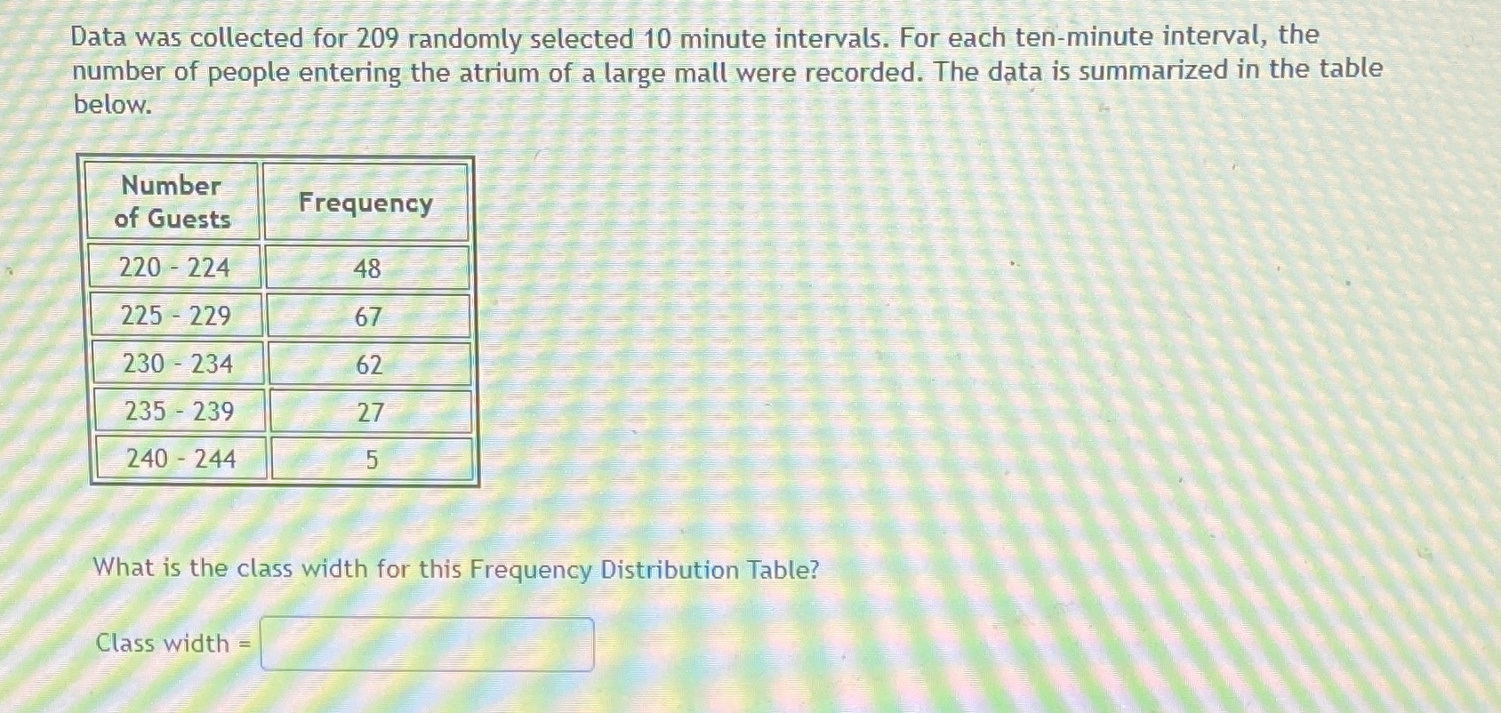 Data was collected for 209 randomly selected 10 minute intervals. For