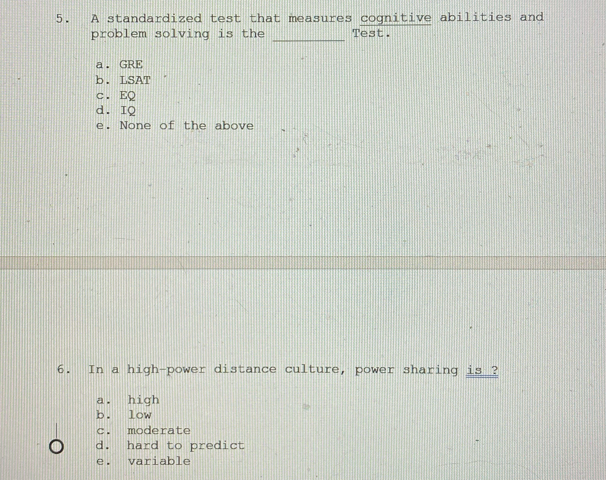 5 . A standardized test that measures cognitive abilities and problem