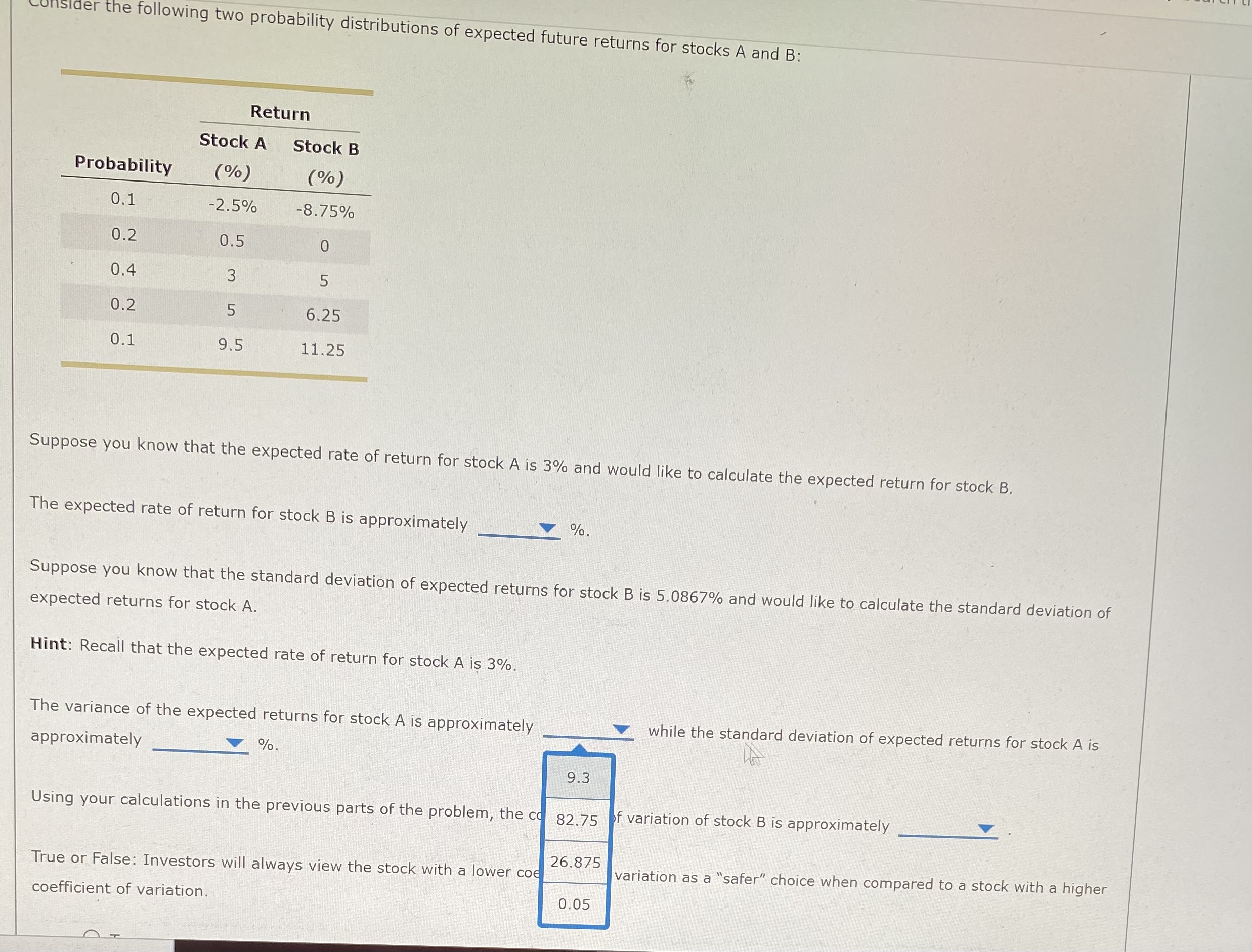 expected rate of return for stock A is 1.2% and would like