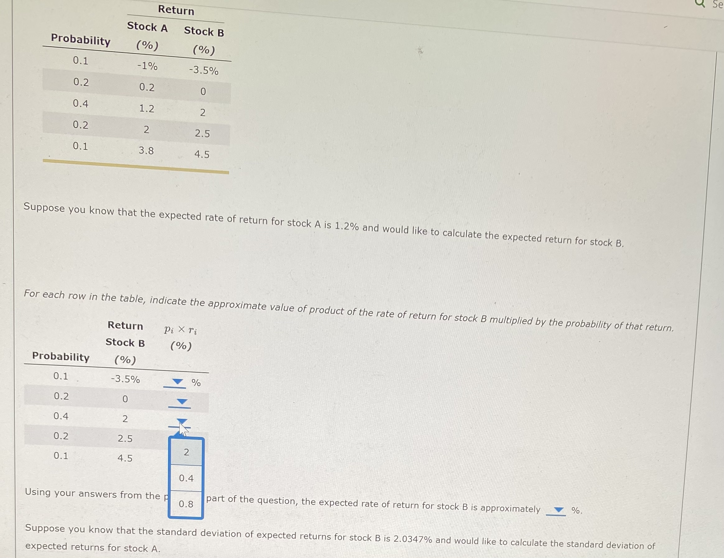 part of the question, the expected rate of return for stock B