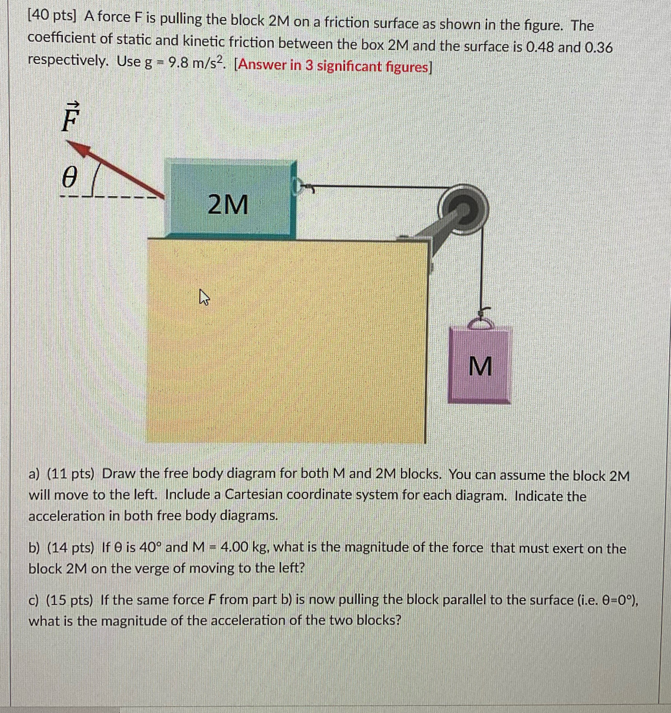  [40 pts] A force F is pulling the block 2M on
