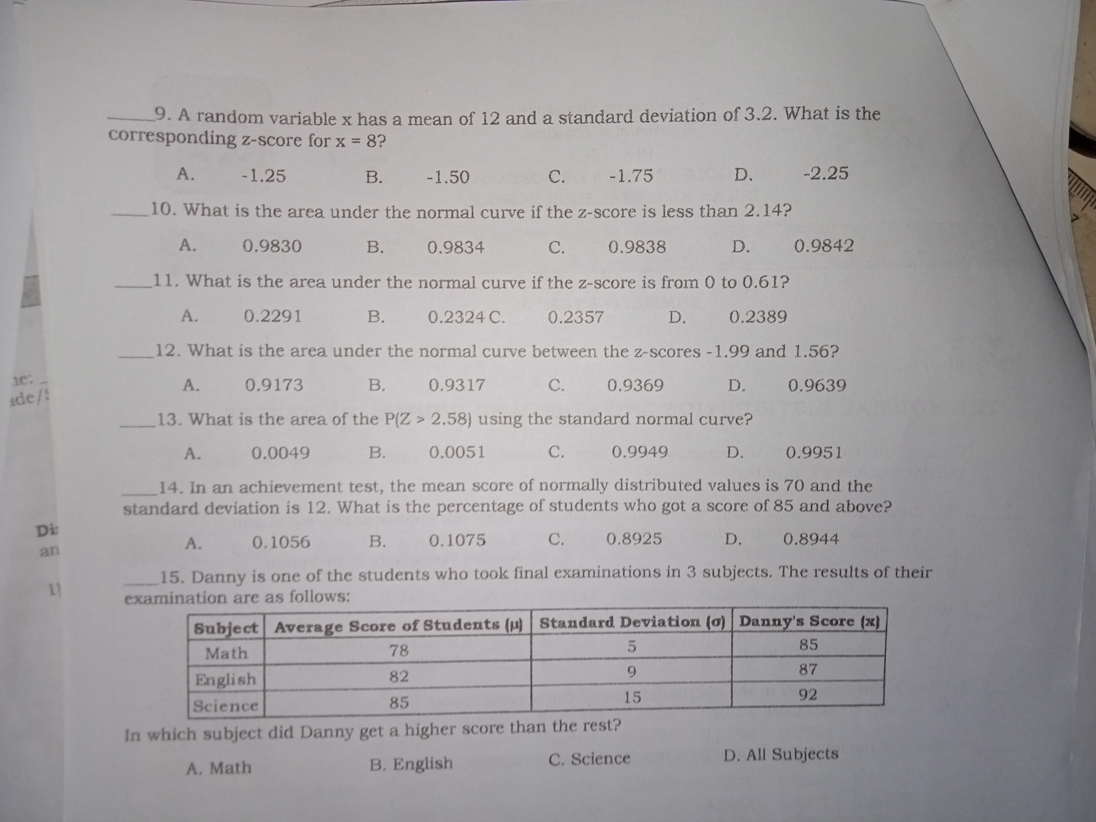 9. A random variable x has a mean of 12 and