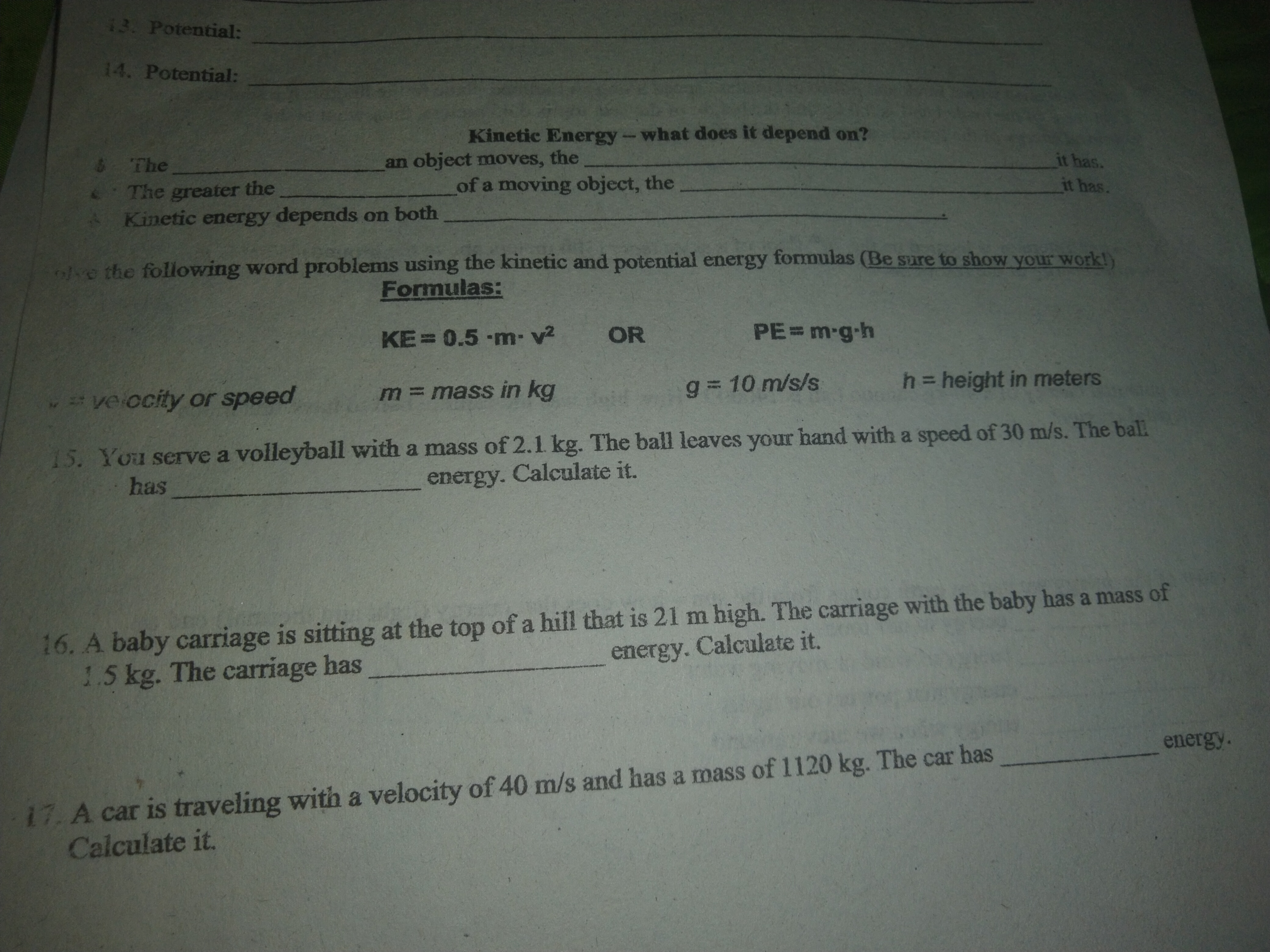 Note: Clear explanation and complete solution 13. Potential: 14. Potential: Kinetic Energy