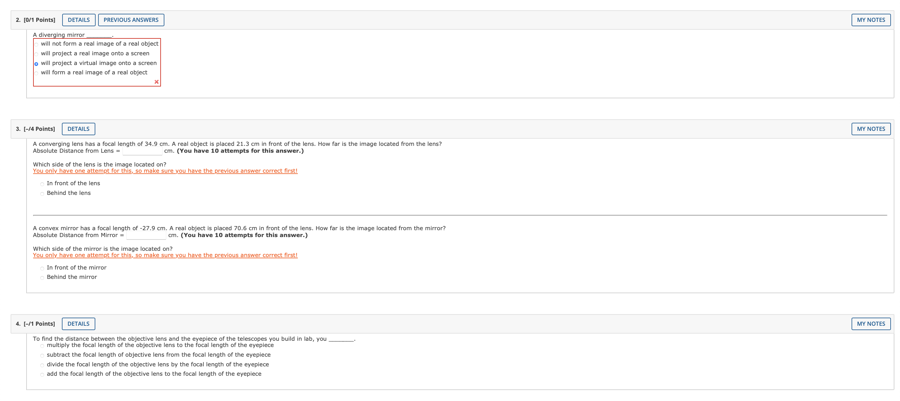  2. [0/1 Points] DETAILS PREVIOUS ANSWERS MY NOTES A diverging mirror