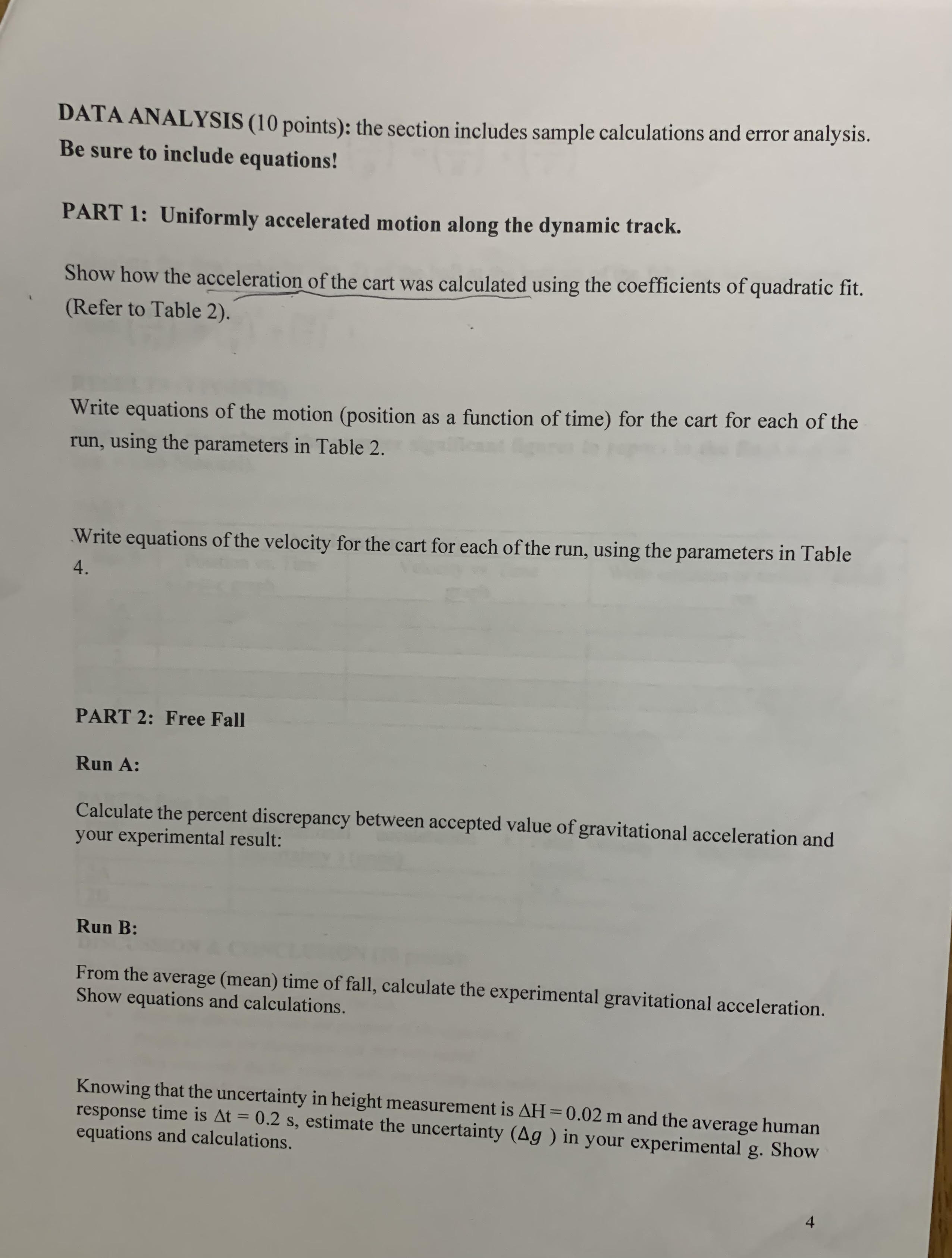  DATA ANALYSIS (10 points): the section includes sample calculations and error