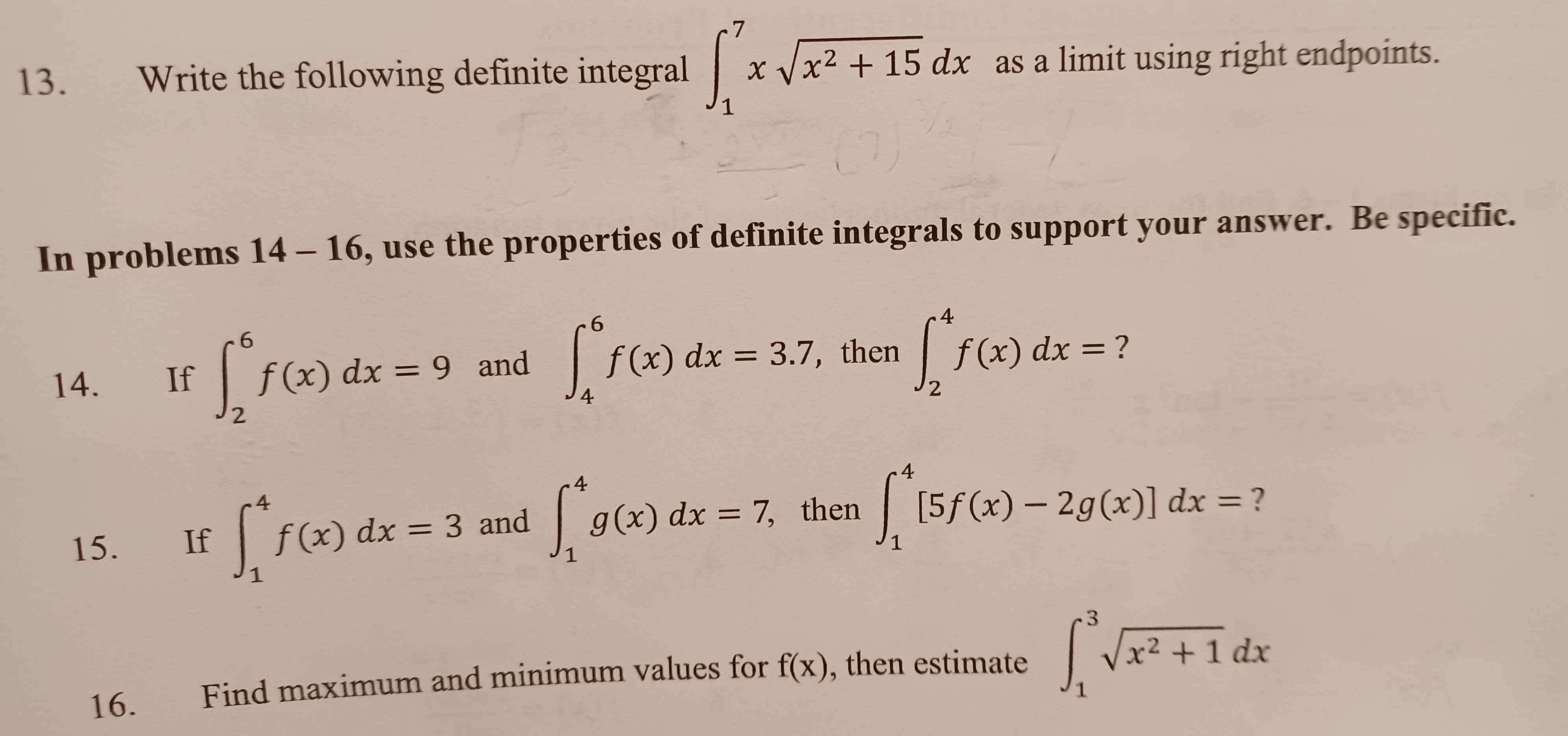 13. Write the following definite integral x Vx2 + 15 dx