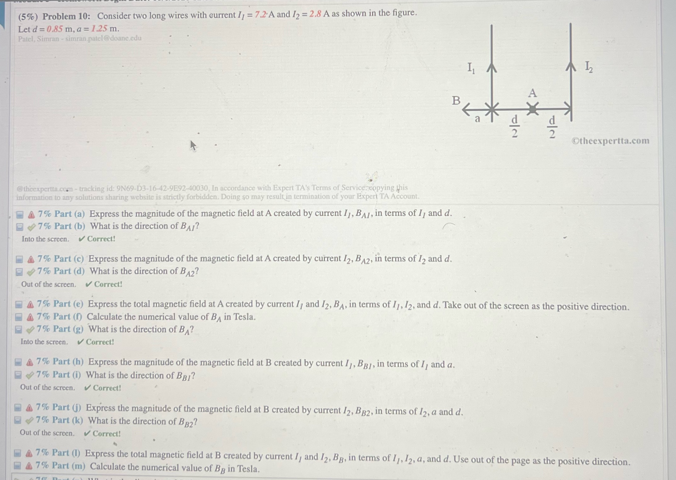 answer all parts a-m (5%) Problem 10: Consider two long wires with