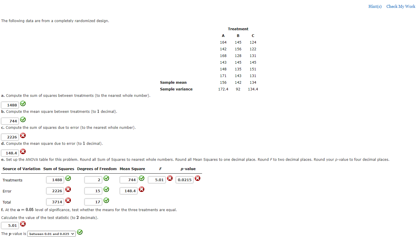 Hint(s) Check My Work The following data are from a completely