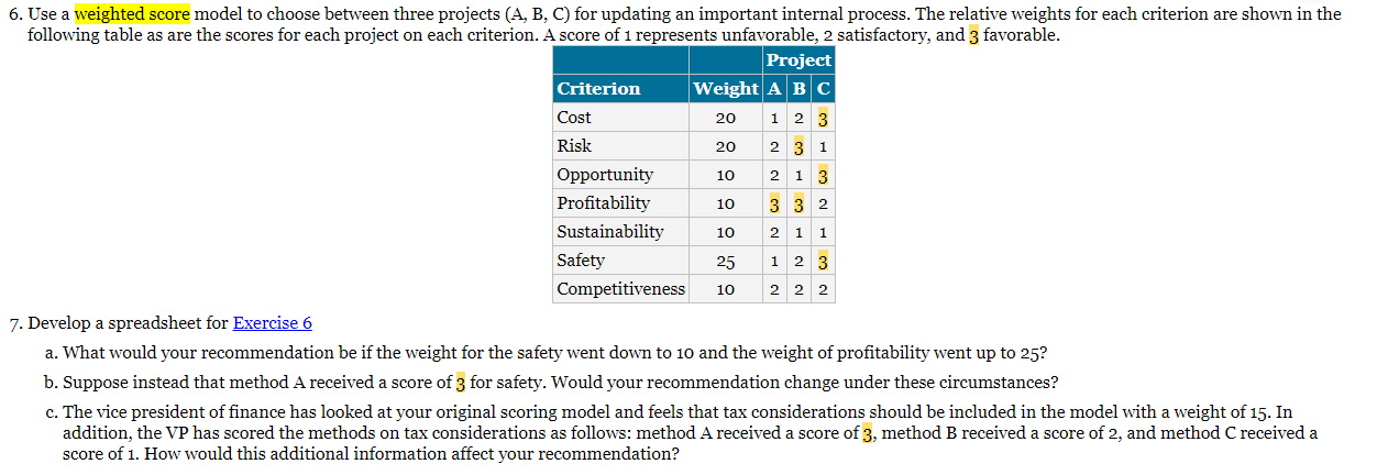  6. Use a weighted score model to choose between three projects