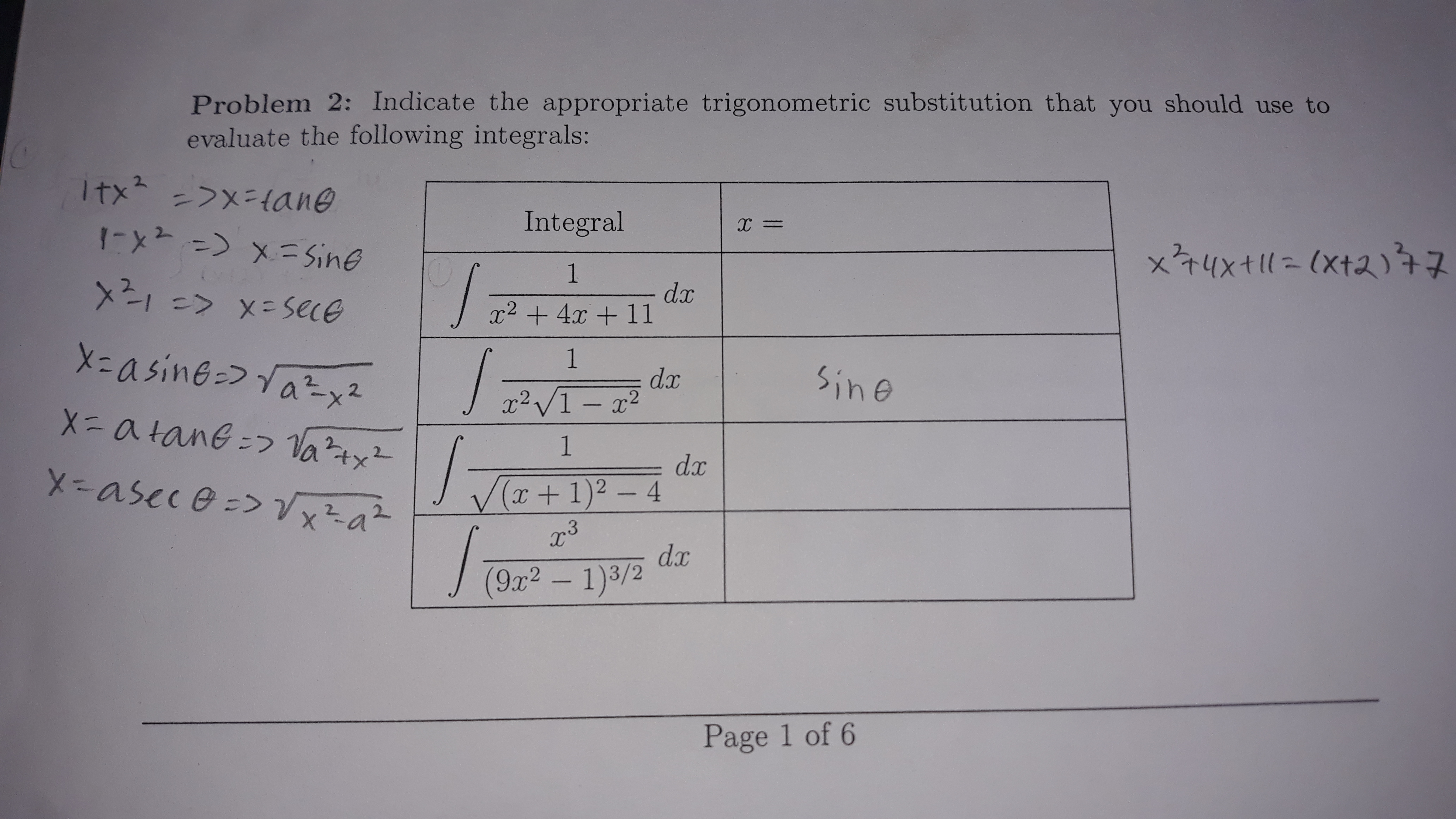 Problem 2: Indicate the appropriate trigonometric substitution that you should use