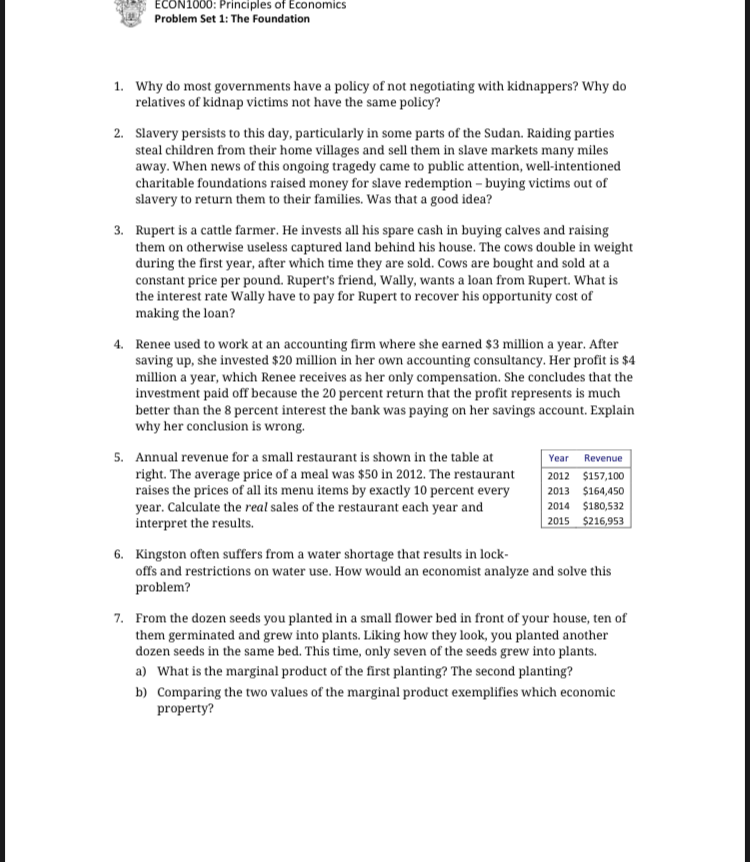 i need for the following problem set to be completed ECON1000: Principles