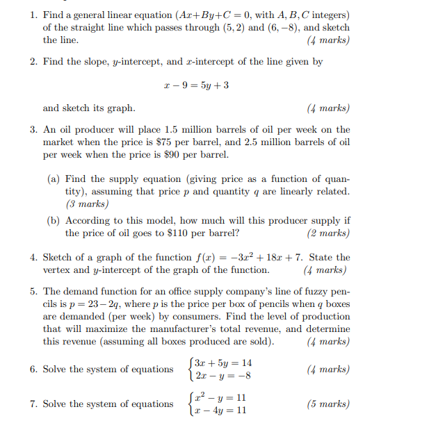 1. Find a general linear equation (Ar+ By+C =0, with A,
