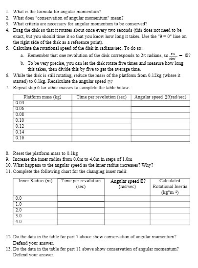  1. What is the formula for angular momentum? 2. What does