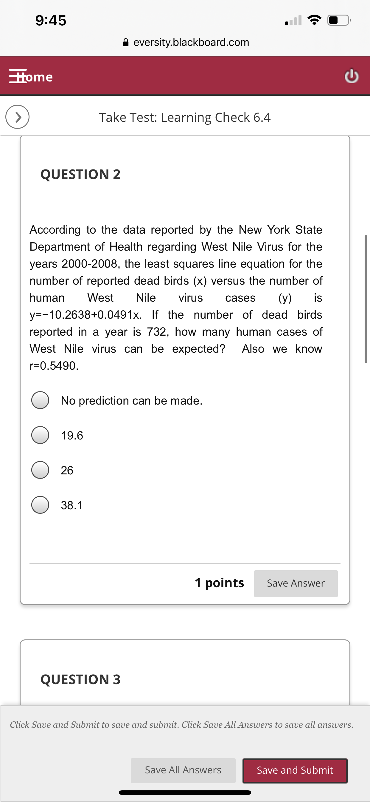  9:45 . e E} H everslty.blackboard.com @ Take Test: Learning Check