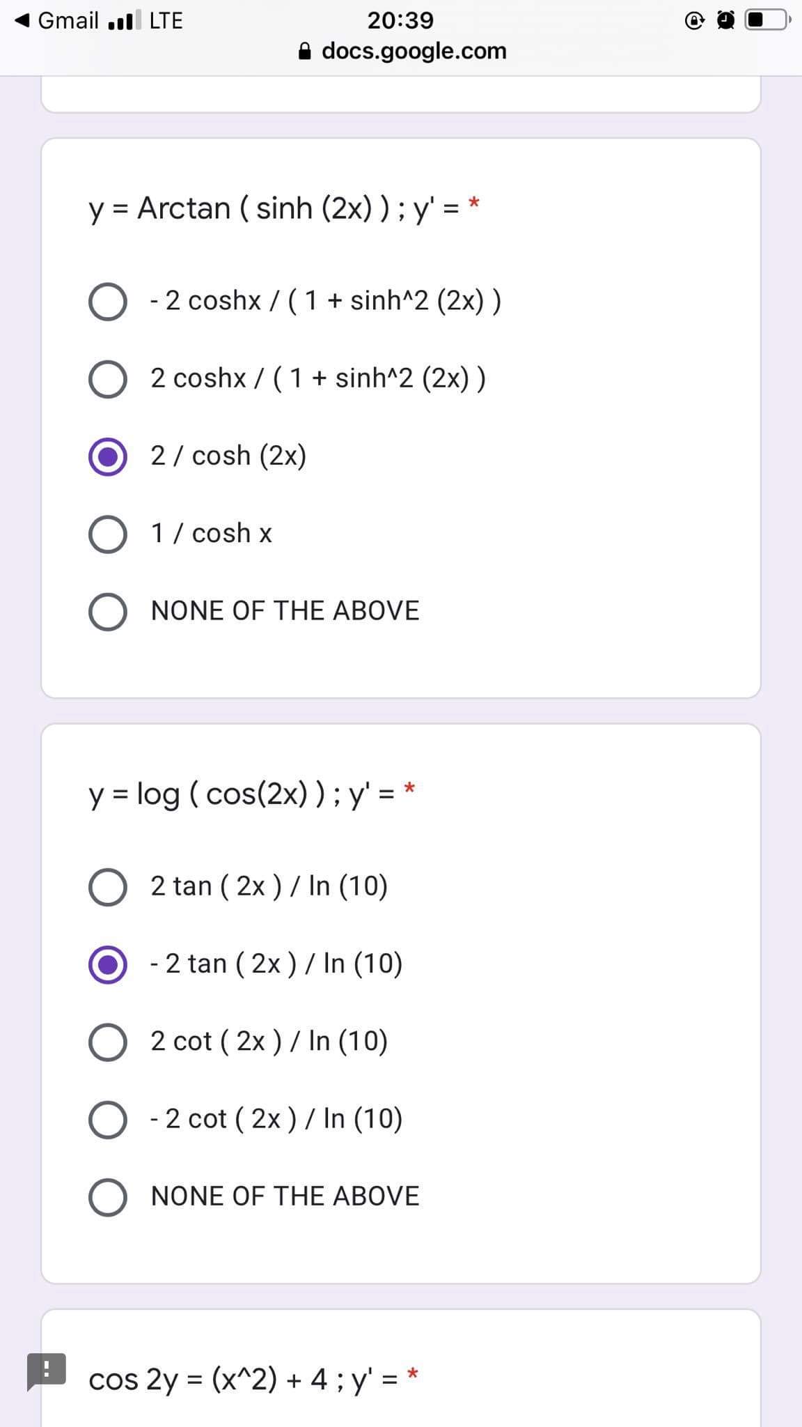  Gmail . LTE 20:39 a docs.google.com y = Arctan ( sinh