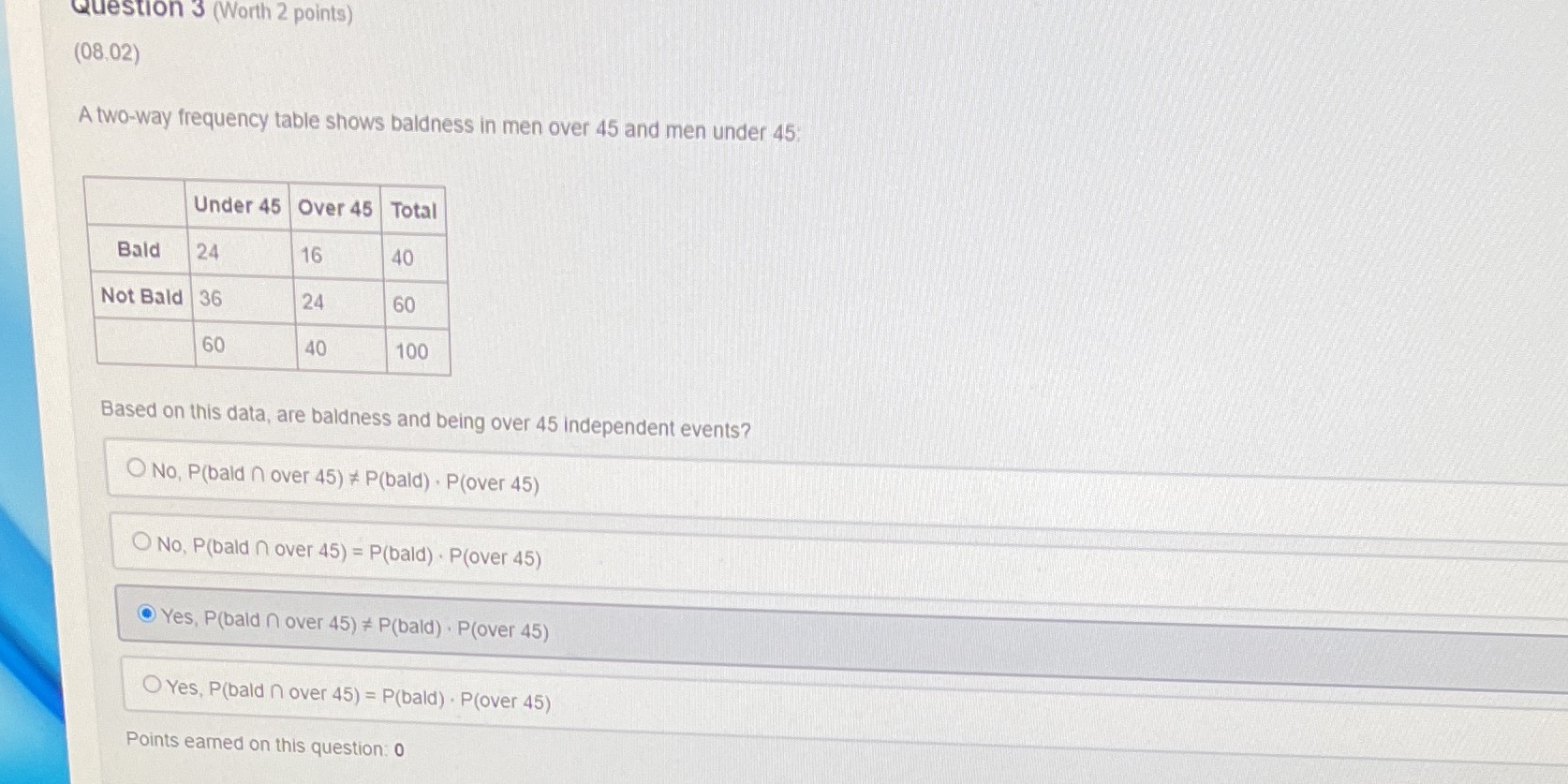 Question 3 (Worth 2 points) (08,02) A two-way frequency table shows