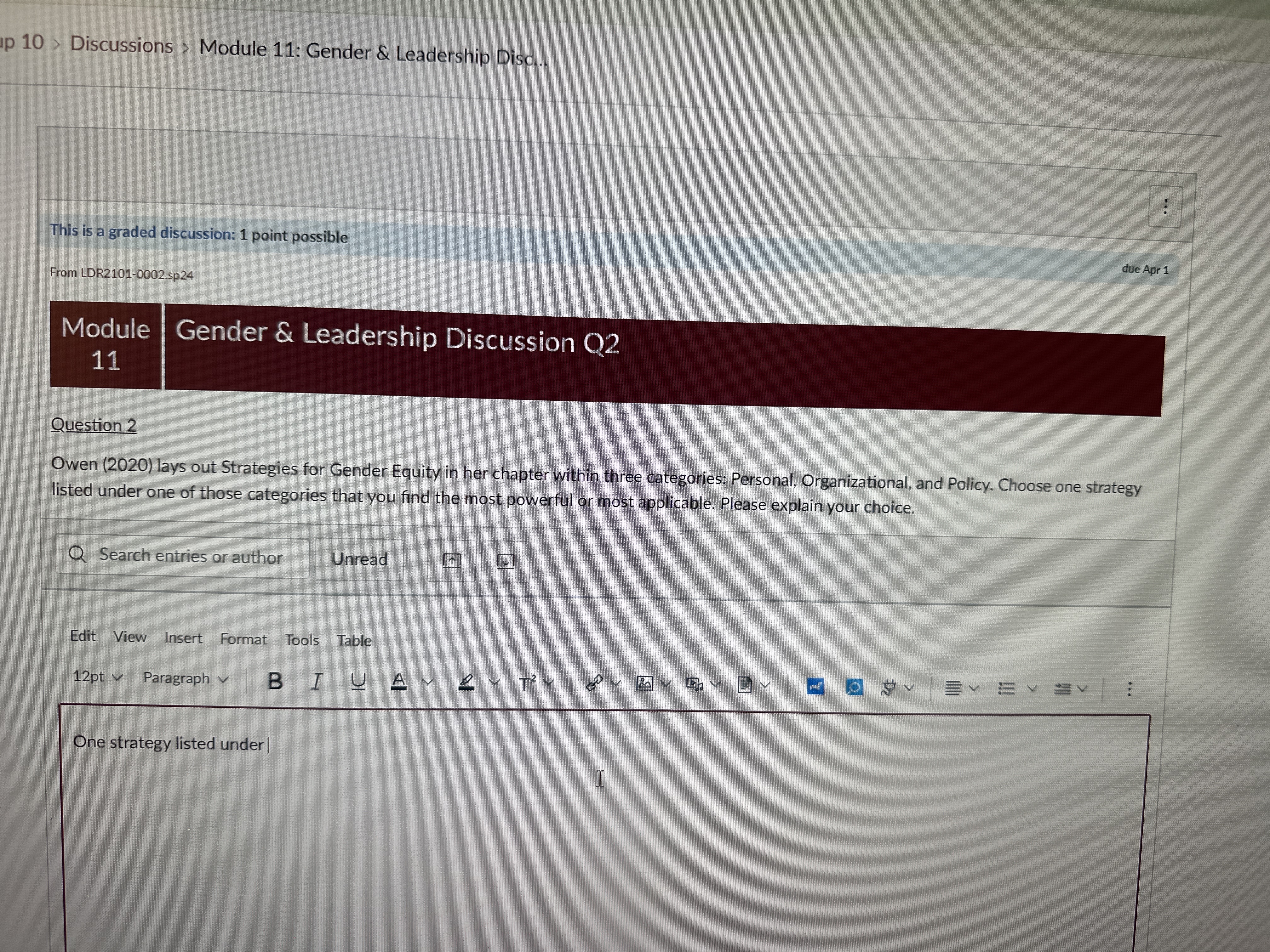 p 10 > Discussions > Module 11: Gender & Leadership Disc.