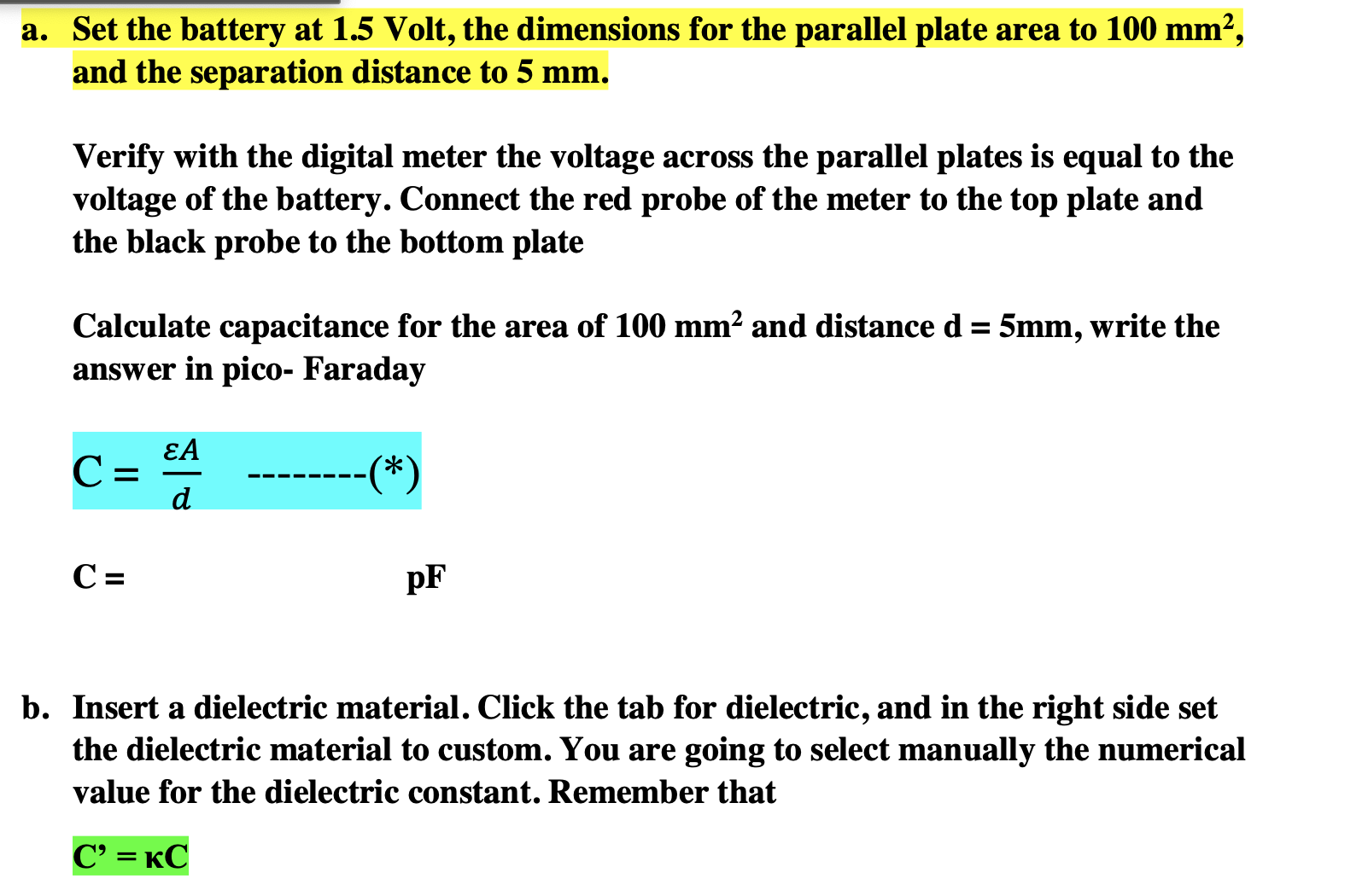 energy, plate charges, bar graphs, electric field, voltmeter Lab Dielectrics and Capacitors