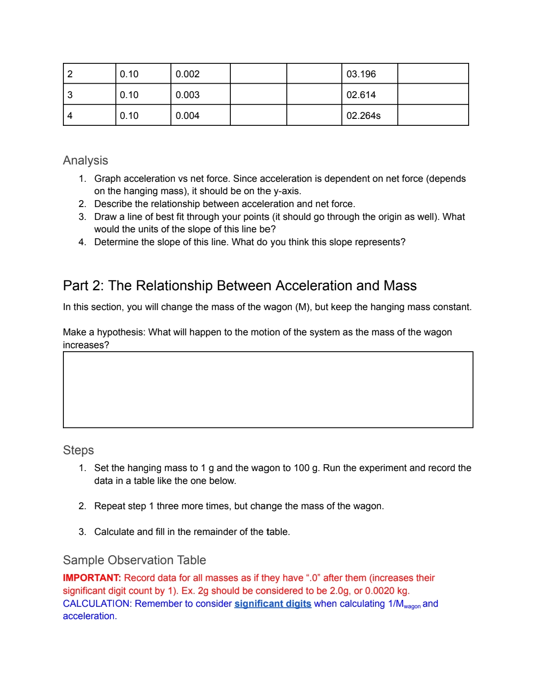 with rest of that worksheet Lab Instructions: Net Force, Mass, and Acceleration