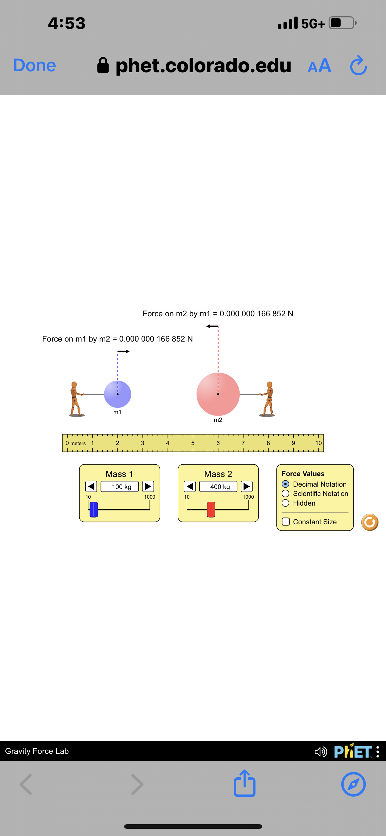 Force on m2 by m1 = 0.000 000 166 852 N
