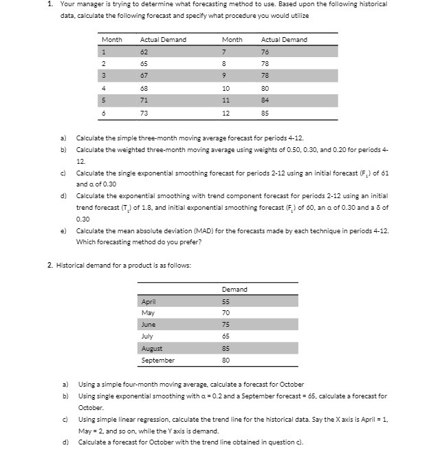  1. Your manager is trying to determine what forecasting method to