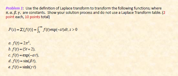 Problem 1: Use the definition of Laplace transform to transform the