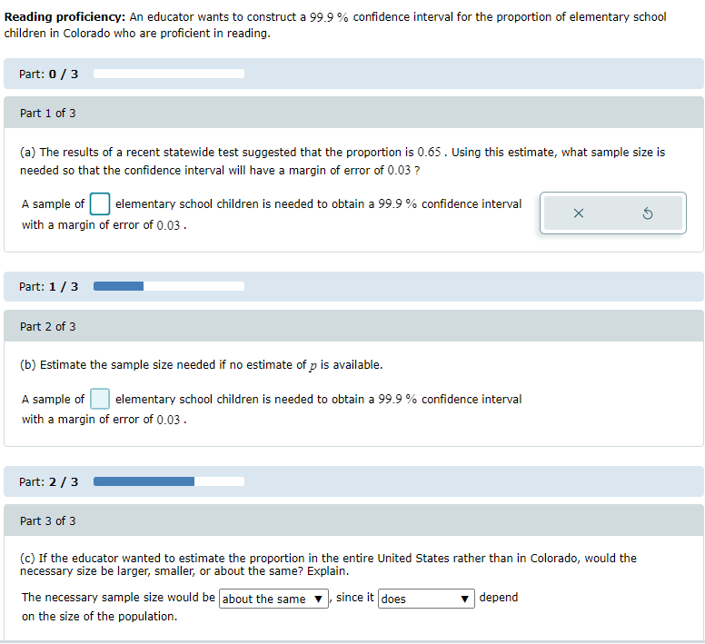 Reading proficiency: An educator wants to construct a 99.9 % confidence