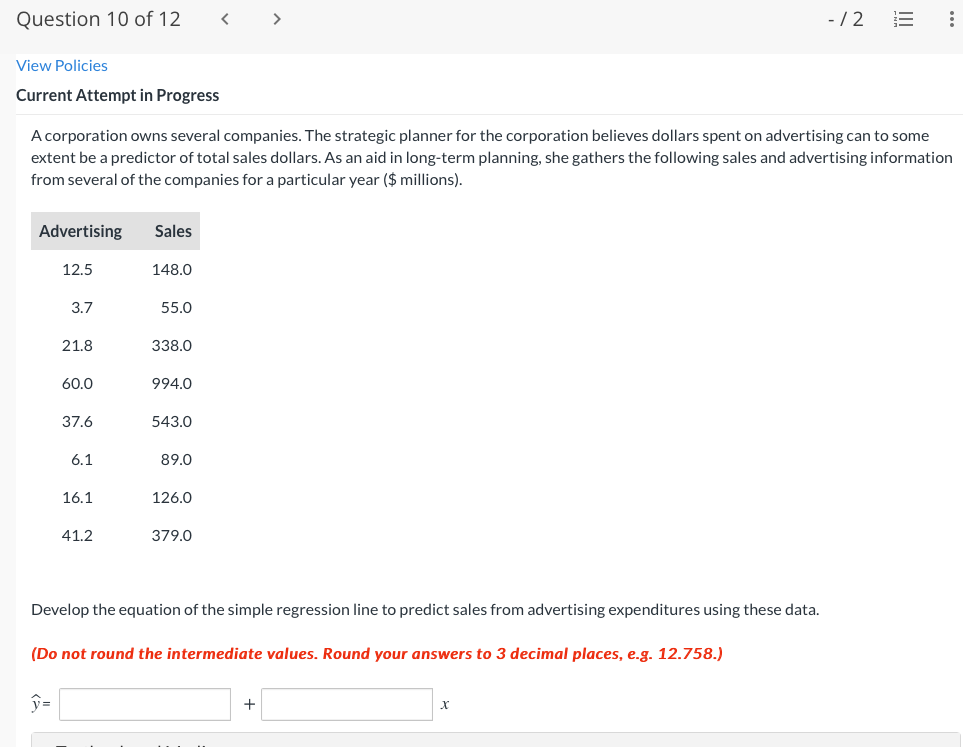 Question 10 of12 - f 2 E View Policies Current Attempt
