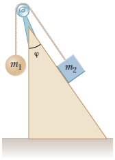 Two objects are connected by a light string that passes over a