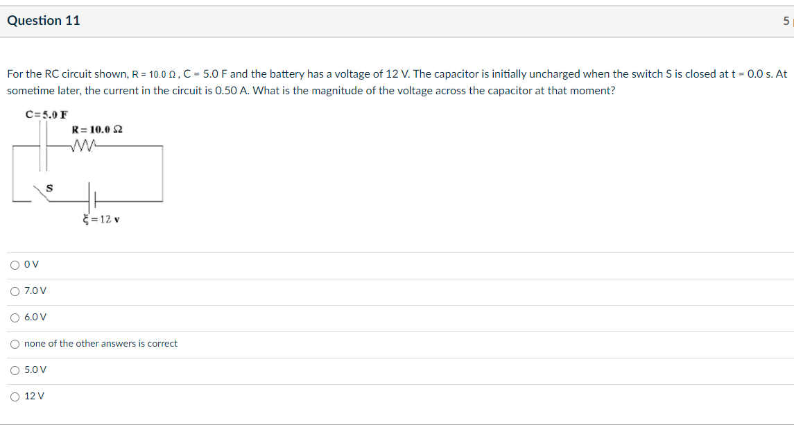 (1' C = 5.0 F and the batteryr has a voltage of