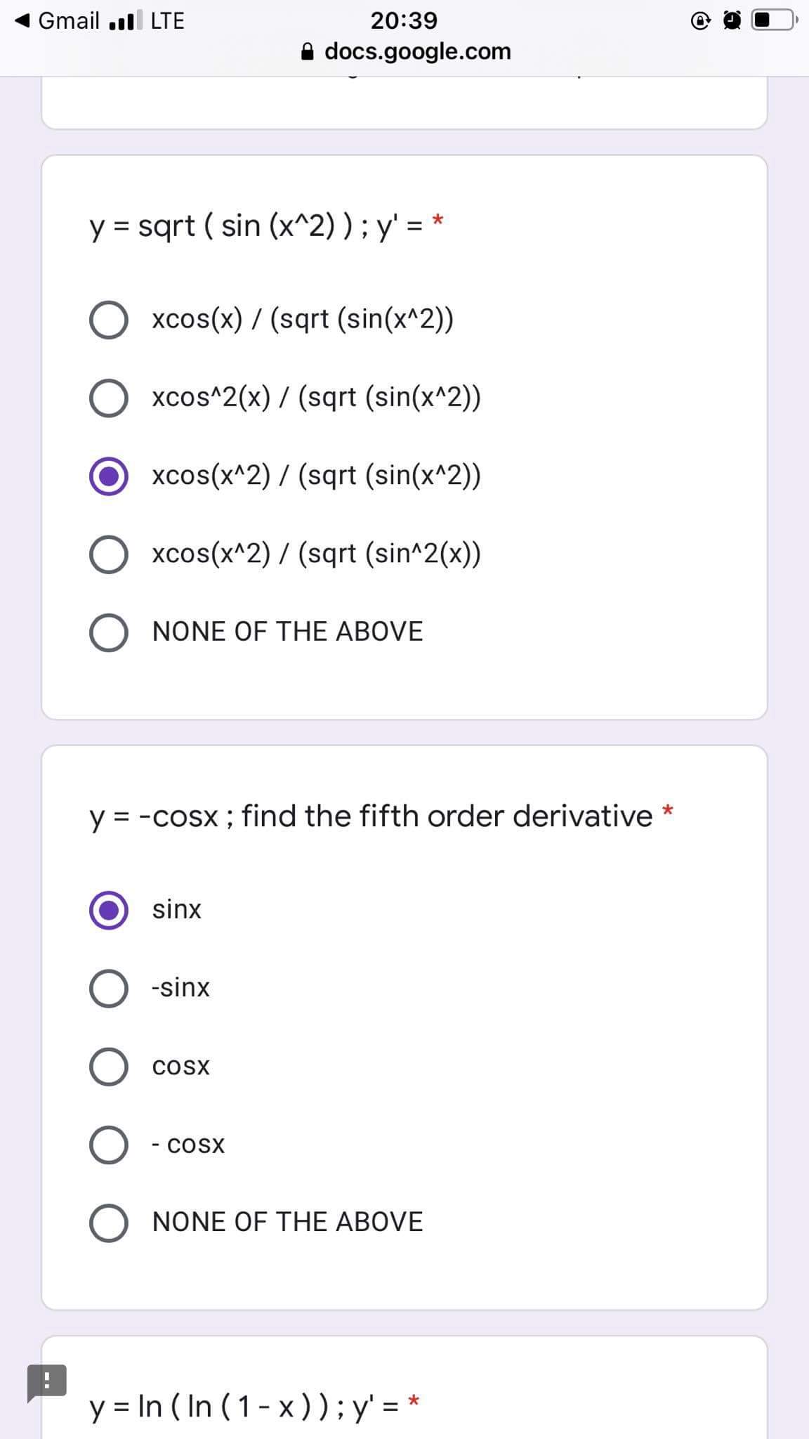 Gmail . LTE 20:39 A docs.google.com y = sqrt ( sin