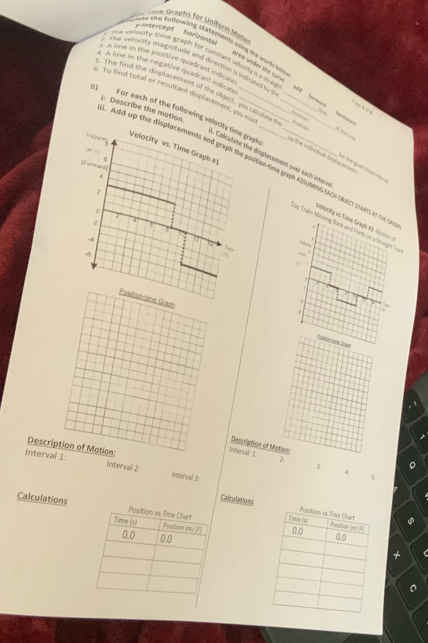  rime Graphs for Uniform Motion plete the following statements using the