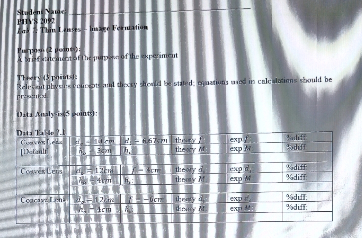 Student Name: PHYS 2092 Lab a Thin Lenses - Image Formation