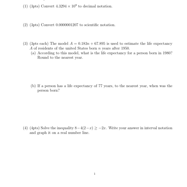 Help with 1-4 please {1) {3pts} Convert 4.3294 x 11]\" to decimal