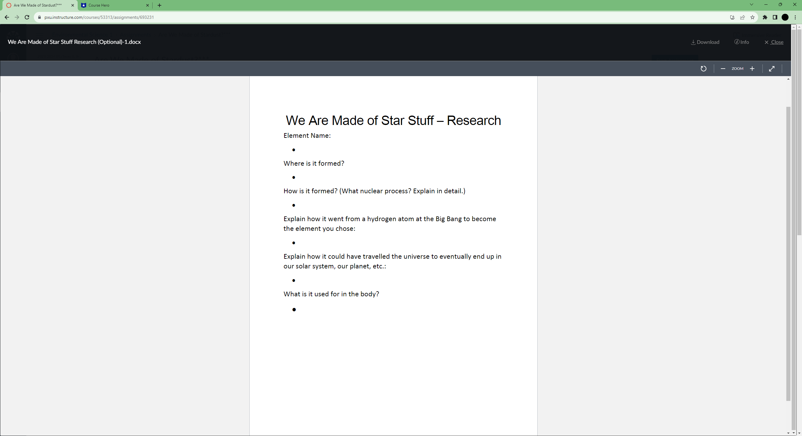 Are We Made of Stardust?"*x * *Course Hero * + C Apxu.instructure.com/courses/53313/assignments/693231