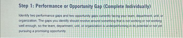 or Opportunity Gap (Complete Individually) Identify two performance gaps and two opportunity