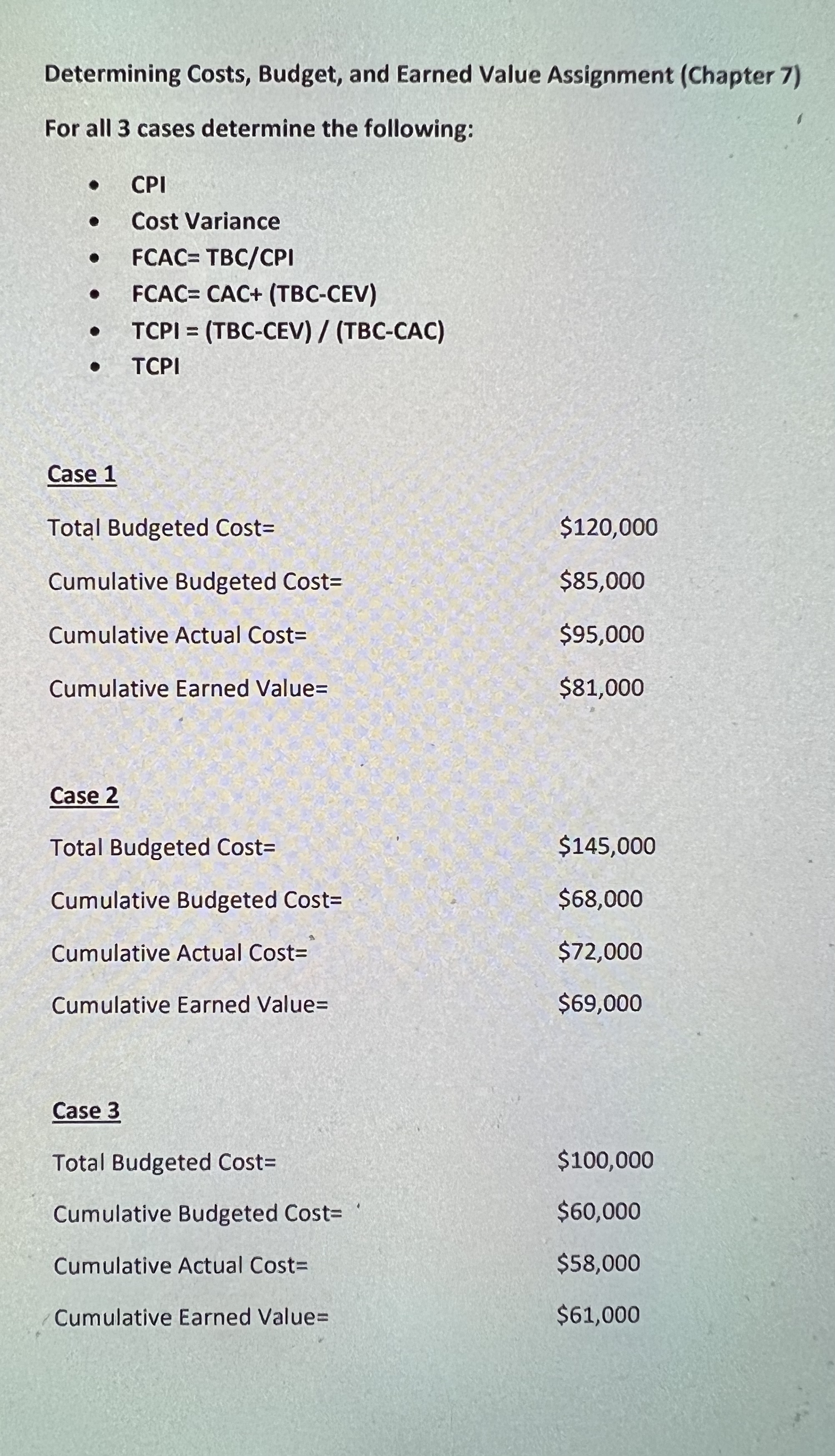 Determining Costs, Budget, and Earned Value Assignment (Chapter 7) For all