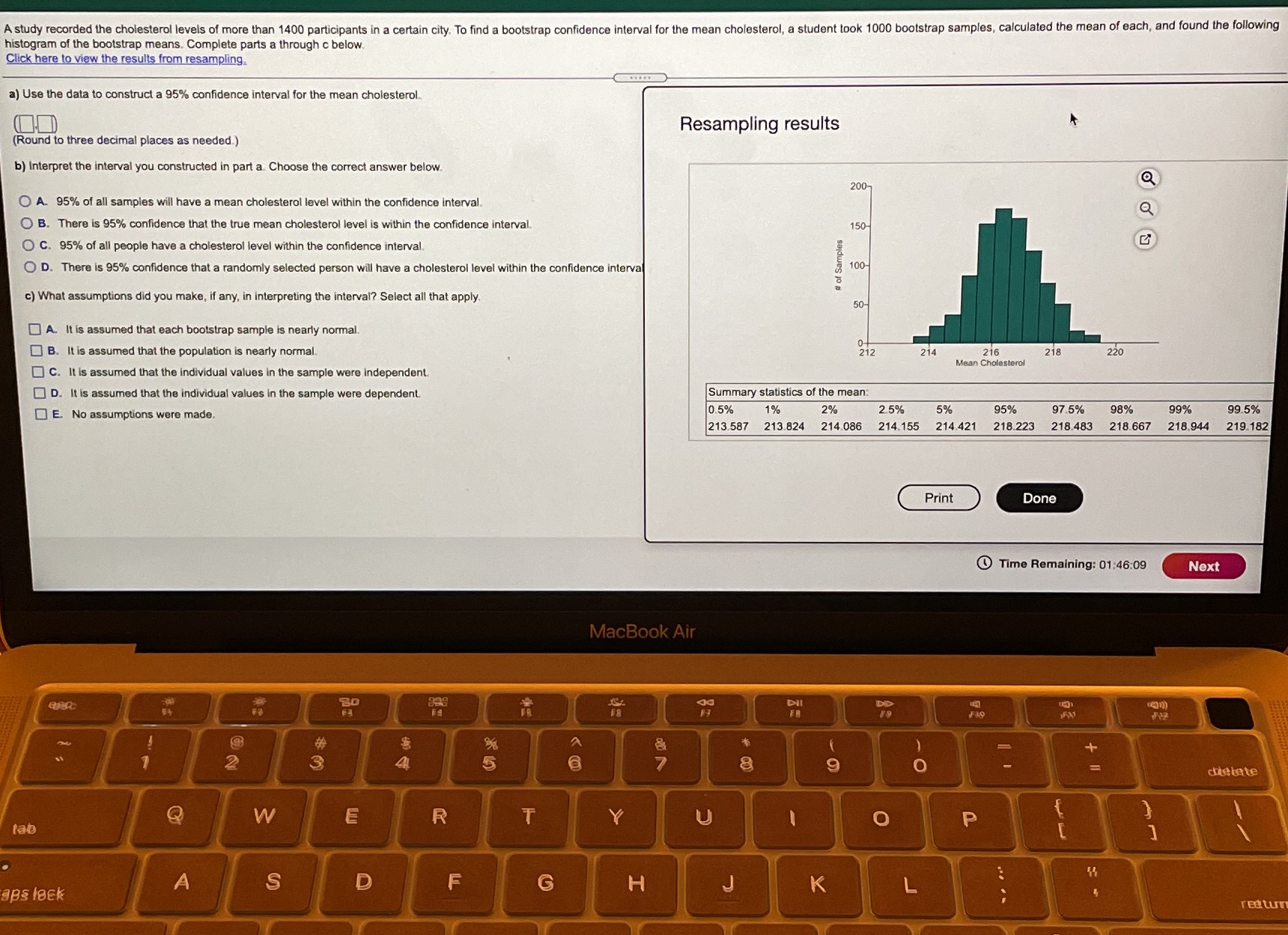 Answer for a,b and c please. The results from resampling table is