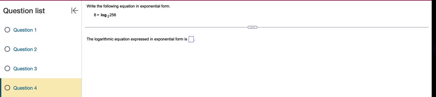 following equation in logarithmic form. Question list K 45 = 1024 Question