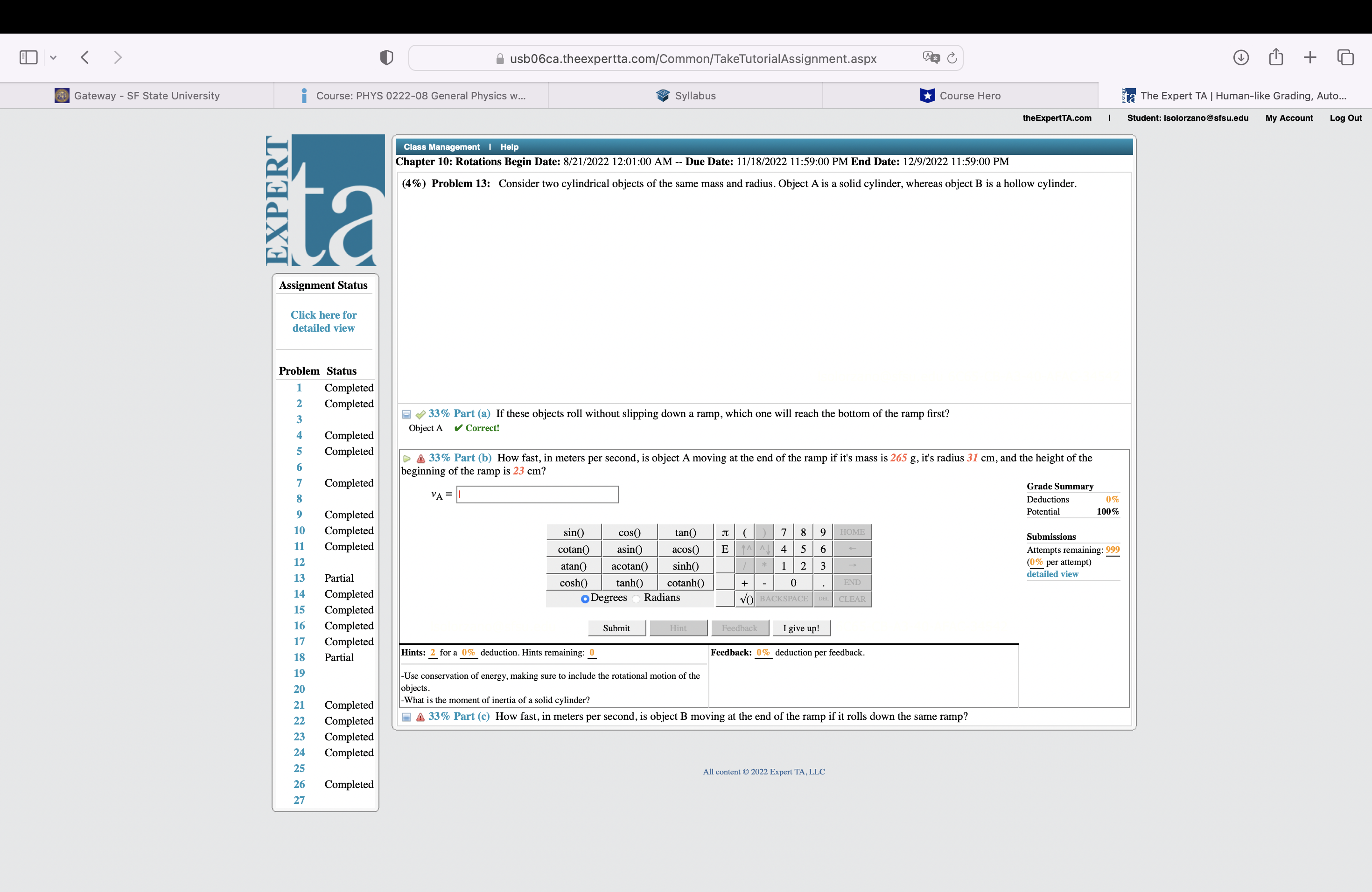  usb06ca.theexpertta.com/Common/TakeTutorialAssignment.aspx Gateway - SF State University Course: PHYS 0222-08 General Physics