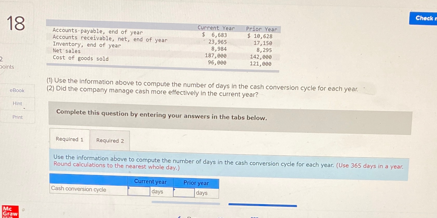 Chapter 9 question 18 Check 18 Current Year Prior Year Accounts payable,