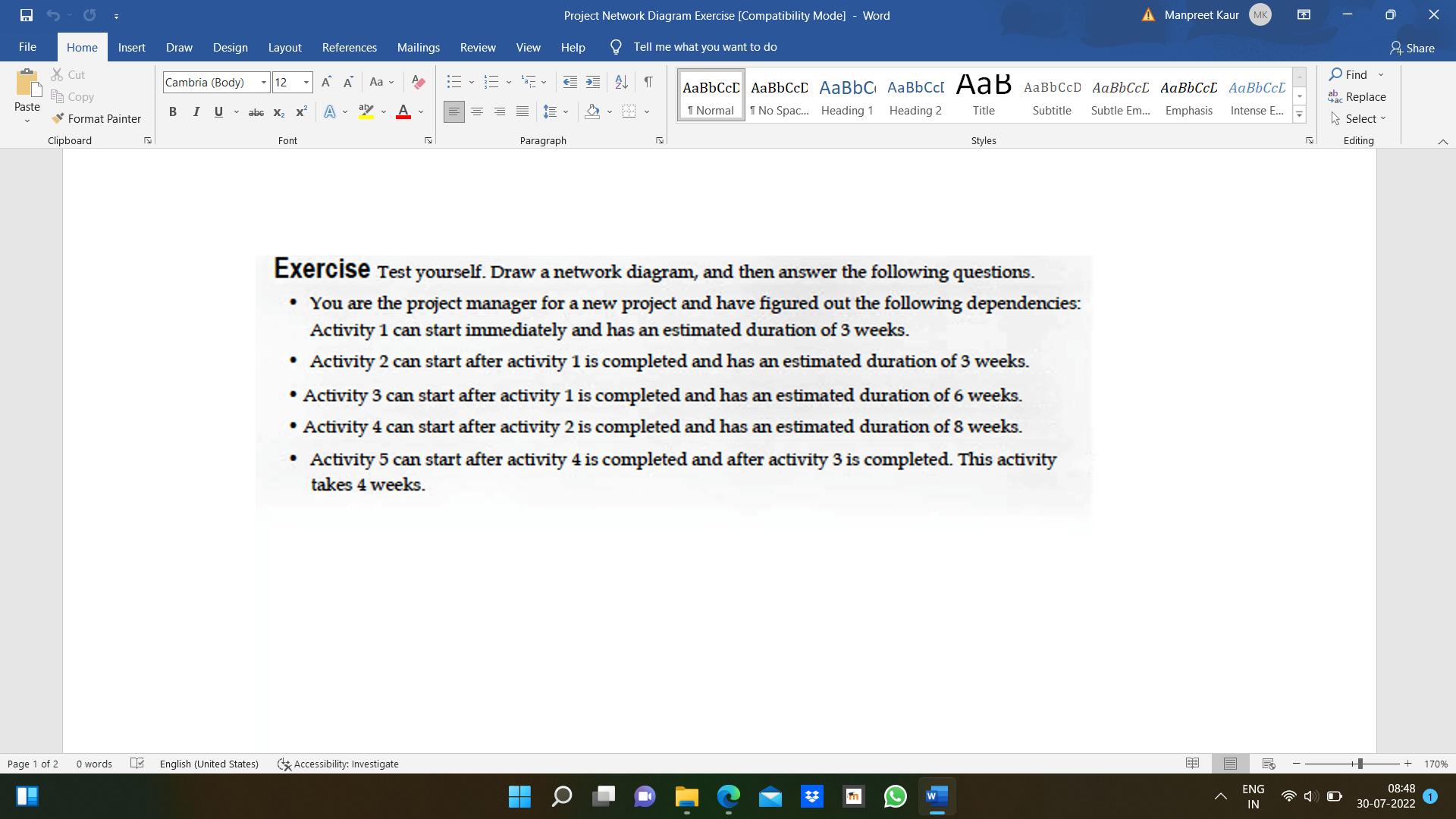 6 Project Network Diagram Exercise [Compatibility Mode] - Word A Manpreet