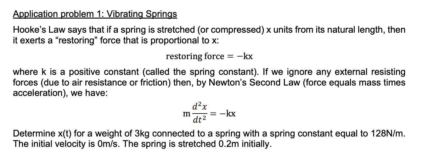  Application problem 1: Vibrating Springs Hooke's Law says that if a