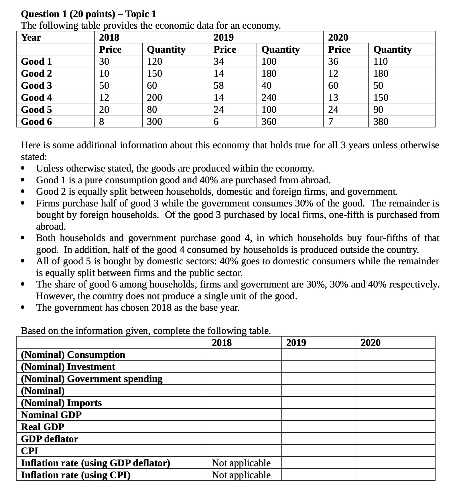 Question 1 (20 points) - Topic 1 The following table provides